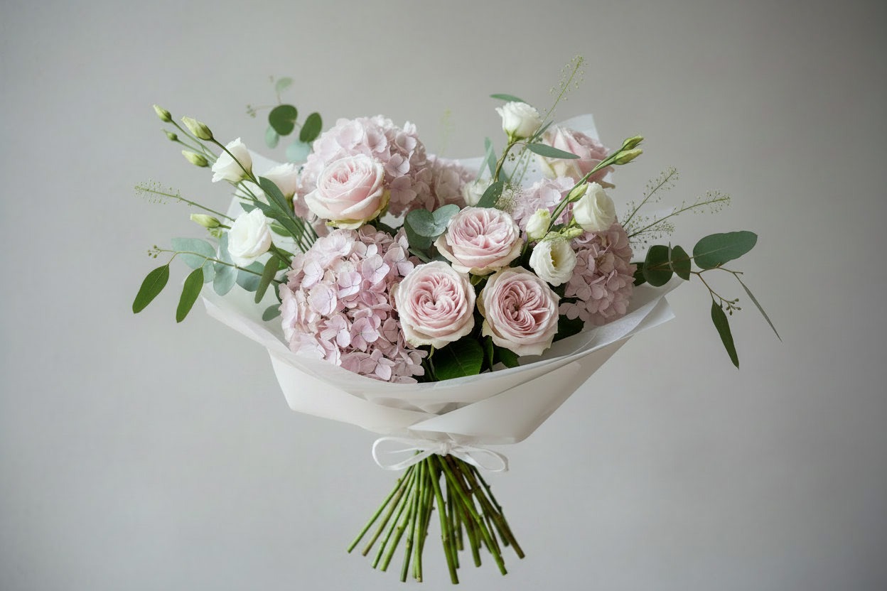 Blush Garden bouquet di ortensie e rose rosa stile francese sfondo grigio cemento