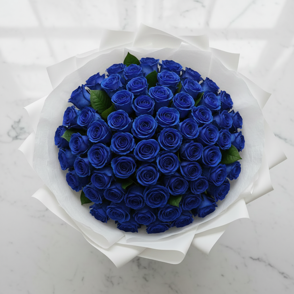Bouquet di 99 Rose Blu Tinte in confezione bianca