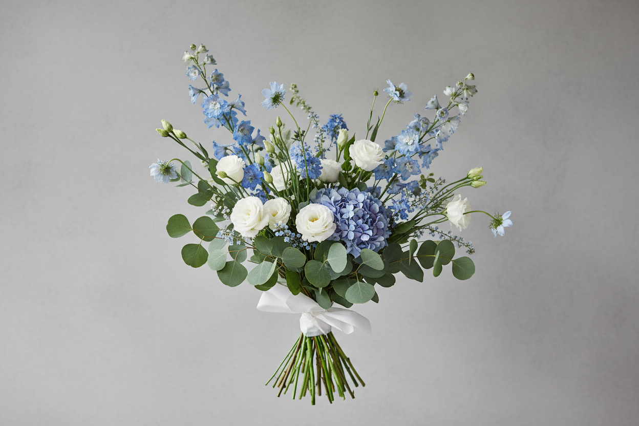 Cielo Blu bouquet di delfinio e ortensia blu stile francese sfondo grigio cemento