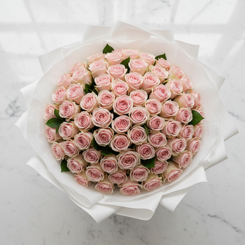 Bouquet di 99 Rose Mondial Rosa in confezione bianca